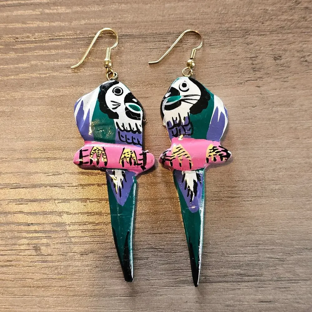 Vintage Green Wooden Tropical Parrot Dangle Earrings